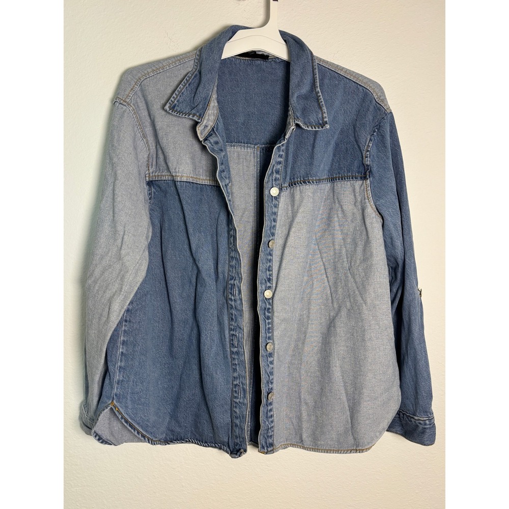 Jane + Delancey Womens Blue Colorblock Patchwork Denim Button Down Shirt Large
